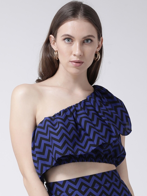 

Aayna Women Navy Blue Printed One Shoulder Blouson Crop Top
