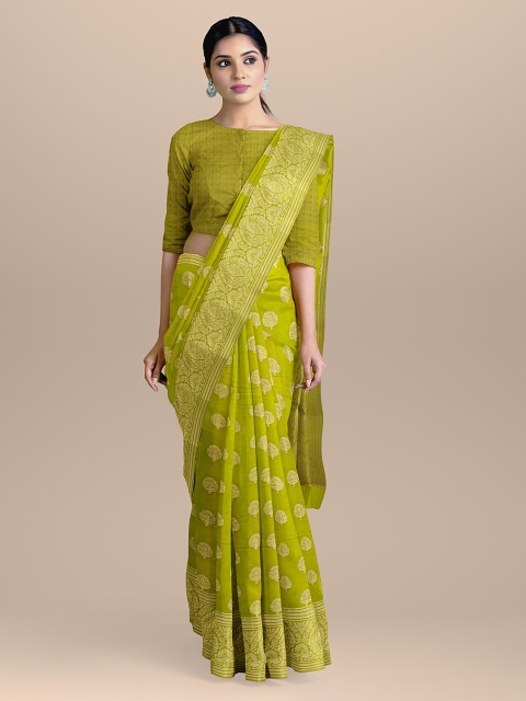 

BharatSthali Green & Gold-Toned Silk Cotton Woven Design Banarasi Saree