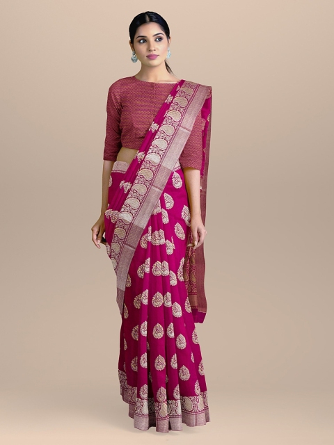

BharatSthali Magenta & Silver-Coloured Banarasi Woven Design Silk Cotton Saree
