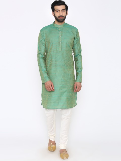 

Wintage Men Green & White Woven Design Kurta with Pyjamas