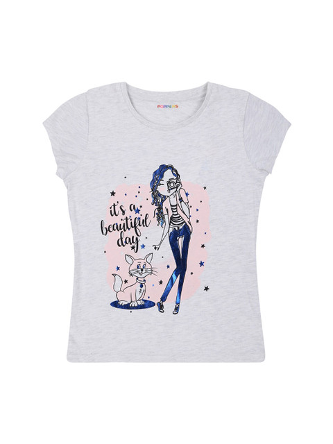 

POPPERS by Pantaloons Girls Grey Printed Round Neck Pure Cotton T-shirt