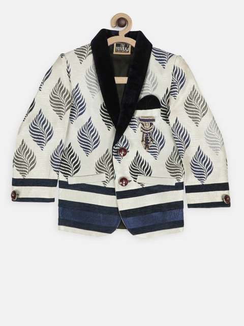 

SG YUVRAJ Boys Blue & White Woven-Design Single-Breasted Party Blazer