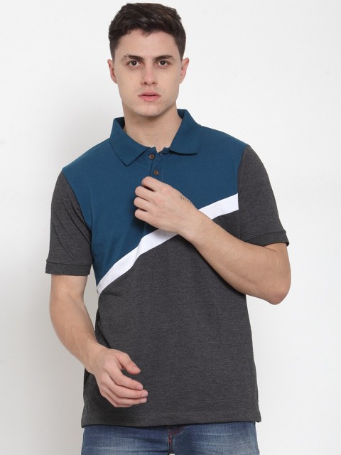 

Kalt Men Navy Blue & Charcoal Grey Colourblocked Polo Collar T-shirt