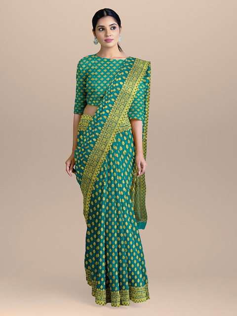 

BharatSthali Teal Green & Gold-Coloured Banarasi Woven Design Saree