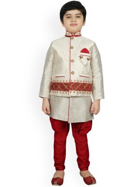 

SG YUVRAJ Boys Beige & Red Self Design Kurta with Churidar