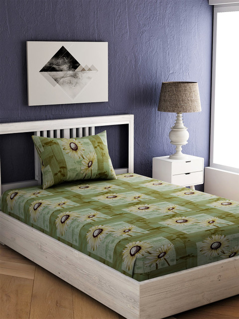 

EverHOME Green Floral 144 TC Cotton 1 Single Bedsheet with 1 Pillow Cover