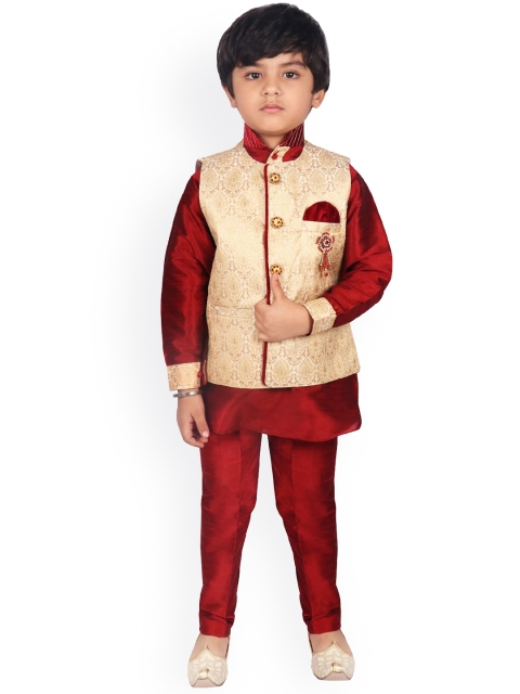 

SG YUVRAJ Boys Maroon & Beige Solid Kurta with Trousers