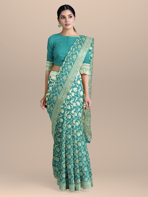 

BharatSthali Sea Green & Gold-Toned Silk Cotton Woven Design Banarasi Patola Saree