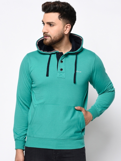 

Spirit Men Teal Blue Solid Hooded Sweatshirt