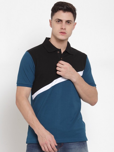 

Kalt Men Teal Blue & Black Colourblocked Polo Collar T-shirt