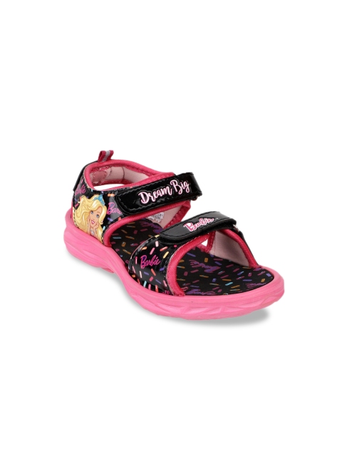

Kids Ville Girls Black & Pink Barbie Printed Open Toe Flats