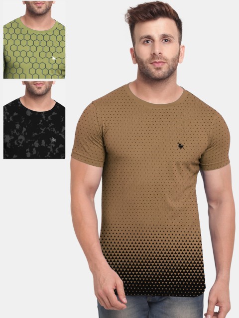 

BULLMER Men Pack Of 3 Printed Round Neck T-shirts, Brown