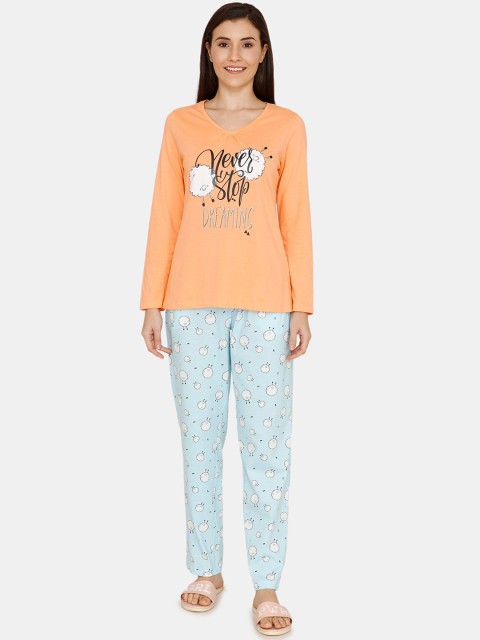 

Zivame Women Orange & Blue Printed Night suit