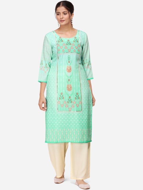 

Kvsfab Women Green & Beige Printed Gotta Patti Kurta with Palazzos