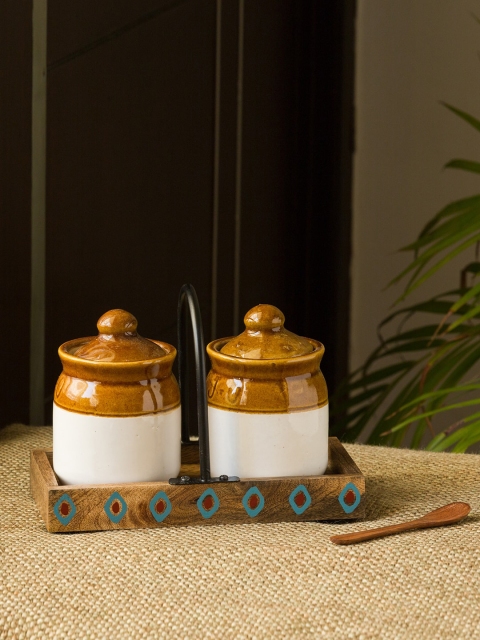 ExclusiveLane Brown & White Handcrafted Old Fashioned Martaban Ceramic Chutney & Pickle Jar Set With Tray
ExclusiveLane Brown & White Handcrafted Old Fashioned Martaban Ceramic Chutney & Pickle Jar Set With Tray