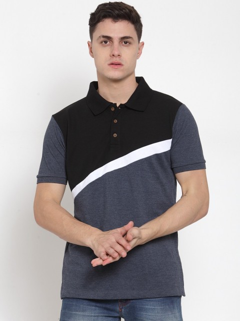 

Kalt Men Navy Blue & Black Colourblocked Polo Collar T-shirt