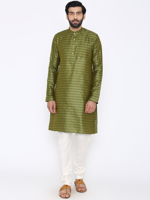 

Wintage Men Green & White Woven Design Kurta with Pyjamas