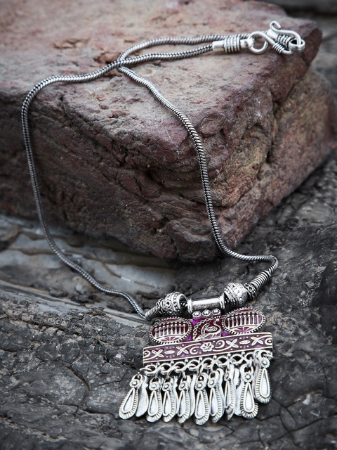 

ZeroKaata Silver-Toned & Pink Floral Peacock Motifs Handcrafted Oxidized Tribal Chain