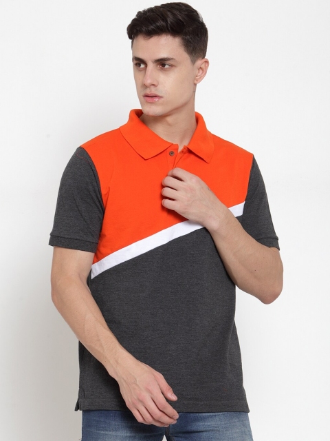 

Kalt Men Grey & Orange Colourblocked Polo Collar T-shirt