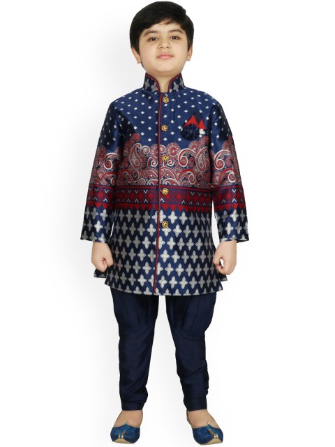 

SG YUVRAJ Boys Navy Blue & Red Raw Silk Sherwani Set
