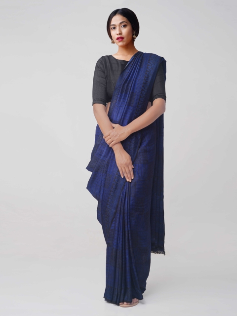 

Unnati Silks Blue Pure Silk Handloom Block Printed Tussar Saree
