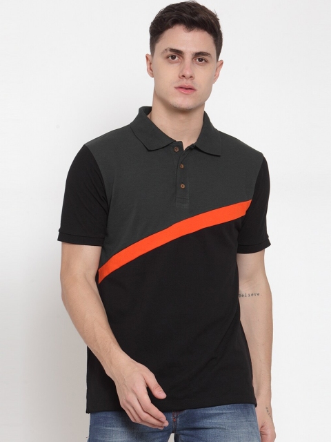 

Kalt Men Black & Orange Colourblocked Polo Collar T-shirt