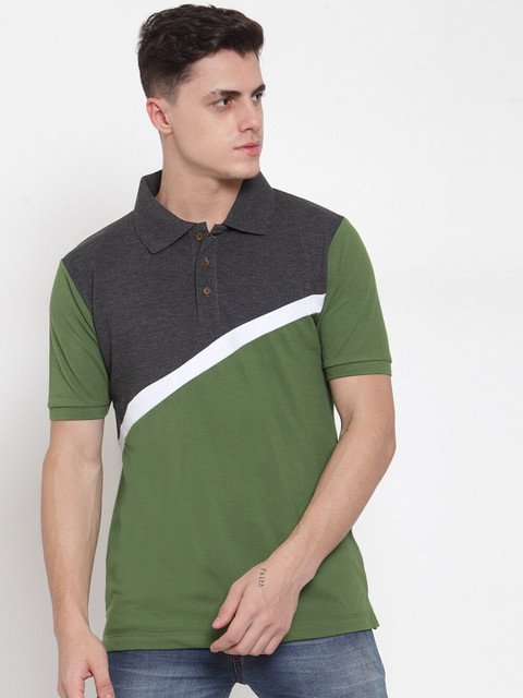 

Kalt Men Green & Charcoal Grey Colourblocked Polo Collar T-shirt