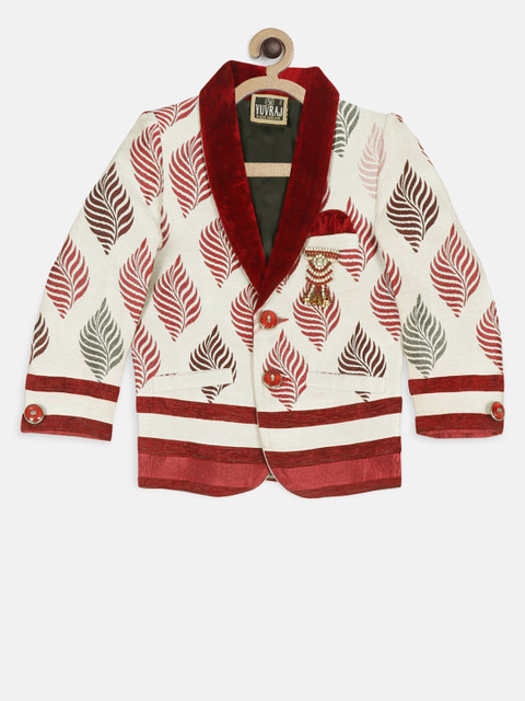 

SG YUVRAJ Boys Maroon & Off-White Self-Design Single-Breasted Party Blazer