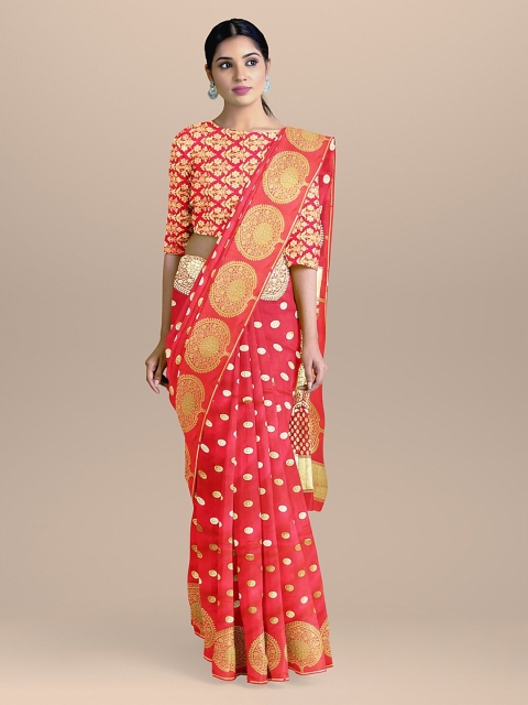 

BharatSthali Peach-Coloured & Gold-Coloured Woven Design Handloom Banarasi Saree