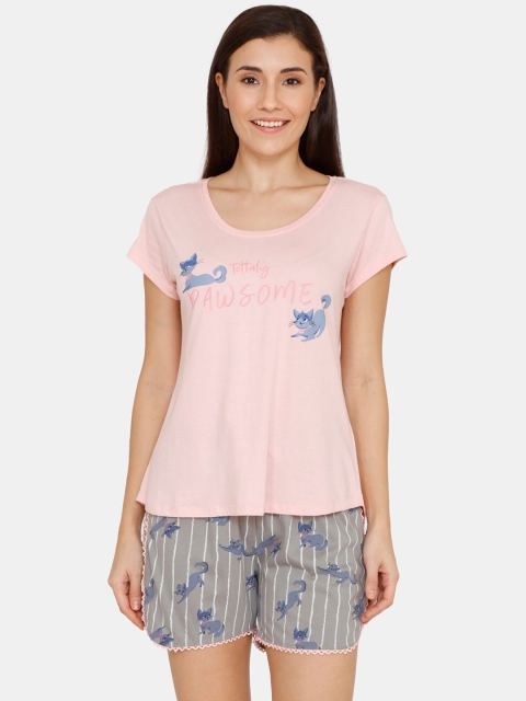 

Zivame Women Pink & Grey Printed Night Suit