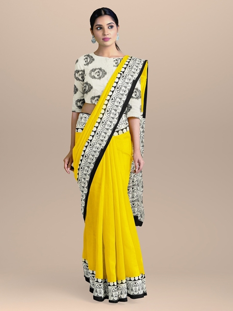 

BharatSthali Yellow & White Pure Cotton Solid Handloom Saree