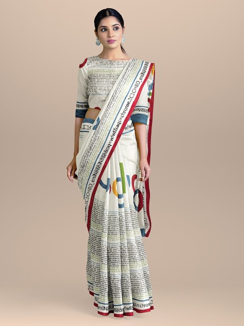 

BharatSthali White & Blue Pure Cotton Printed Sustainable Saree