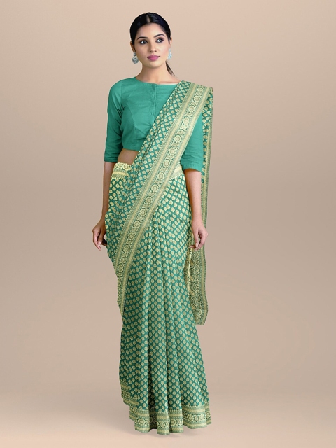 

BharatSthali Green & Gold-Coloured Silk Cotton Woven Design Handloom Banarasi Saree
