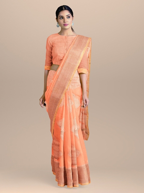 

BharatSthali Peach-Coloured & White Silk Cotton Printed Sustainable Saree
