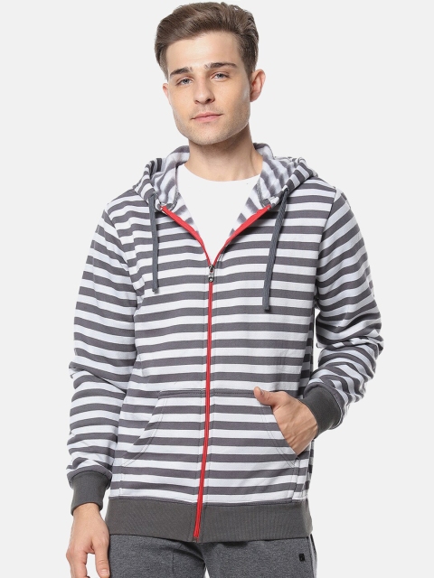 

Campus Sutra Men White Striped Hooded Sweatshirt