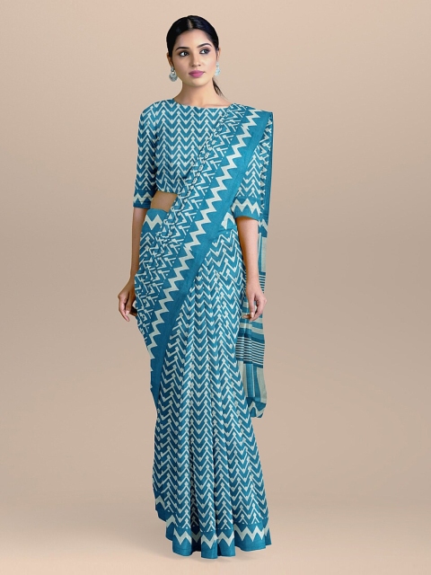 

BharatSthali Blue & White Pure Cotton Handloom Printed Sustainable Saree