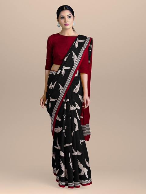 

BharatSthali Black & Red Pure Cotton Printed Handloom Saree