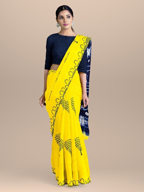 

BharatSthali Yellow & Navy Blue Handloom Pure Cotton Printed Sustainable Saree