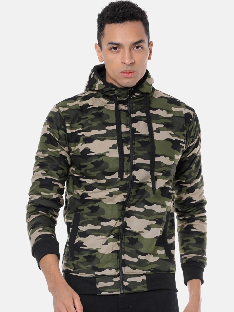 

Campus Sutra Men Olive Green Camouflage Printed Sporty Jacket