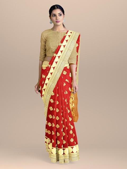 

BharatSthali Red & Gold-Coloured Silk Cotton Woven Design Handloom Banarasi Saree