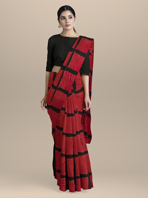 

BharatSthali Red & Black Pure Cotton Checked Handloom Sustainable Saree