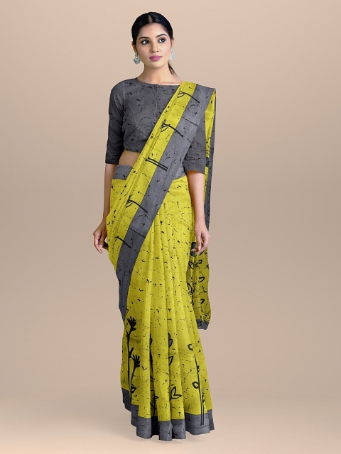 

BharatSthali Green & Grey Pure Cotton Floral Printed Handloom Sustainable Saree