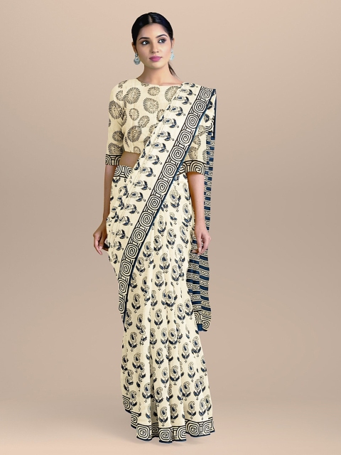 BharatSthali Cream-Coloured & Navy Blue Handloom Pure Cotton Printed Sustainable Saree