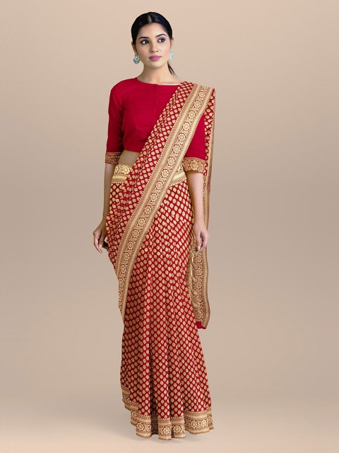 

BharatSthali Red & Gold-Coloured Silk Cotton Woven Design Handloom Banarasi Saree