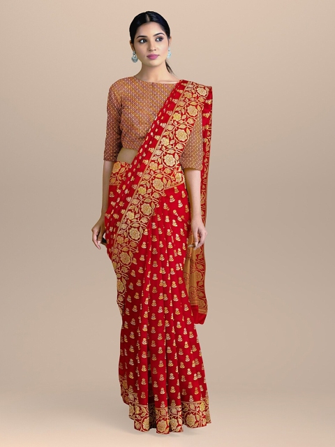 

BharatSthali Red & Gold-Coloured Silk Cotton Woven Design Handloom Banarasi Saree
