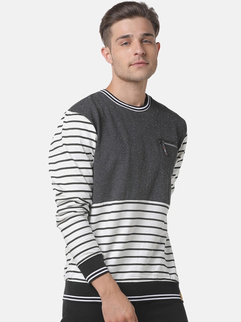 

Campus Sutra Men White & Charcoal Grey Striped Sweatshirt