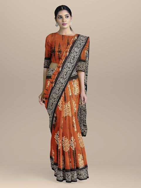 

BharatSthali Orange & Black Pure Cotton Printed Handloom Sustainable Saree