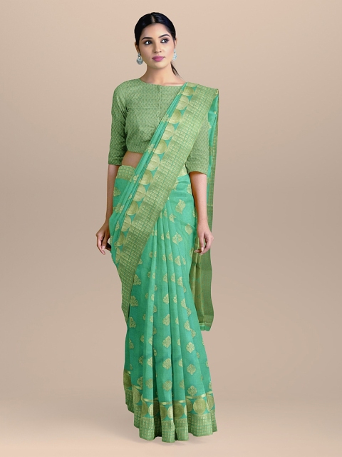 

BharatSthali Sea Green & Gold-Coloured Silk Cotton Woven Design Handloom Banarasi Saree