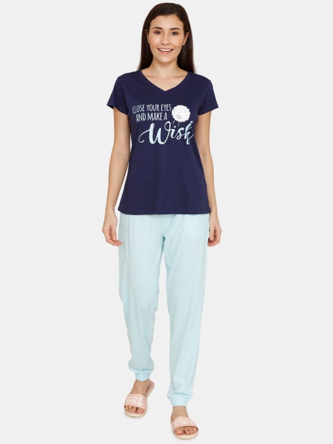 

Zivame Women Navy Blue & Turquoise Blue Printed Night Suit