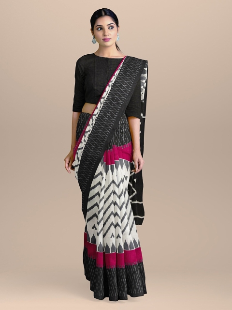 

BharatSthali White & Black Handloom Pure Cotton Print Sustainable Saree